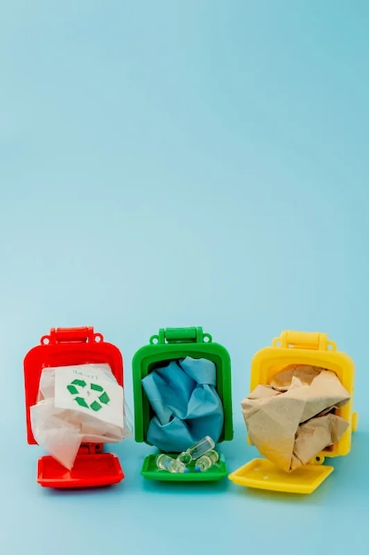 Kosze na śmieci w kolorach żółtym, zielonym i czerwonym z symbolem recyklingu na niebieskim tle