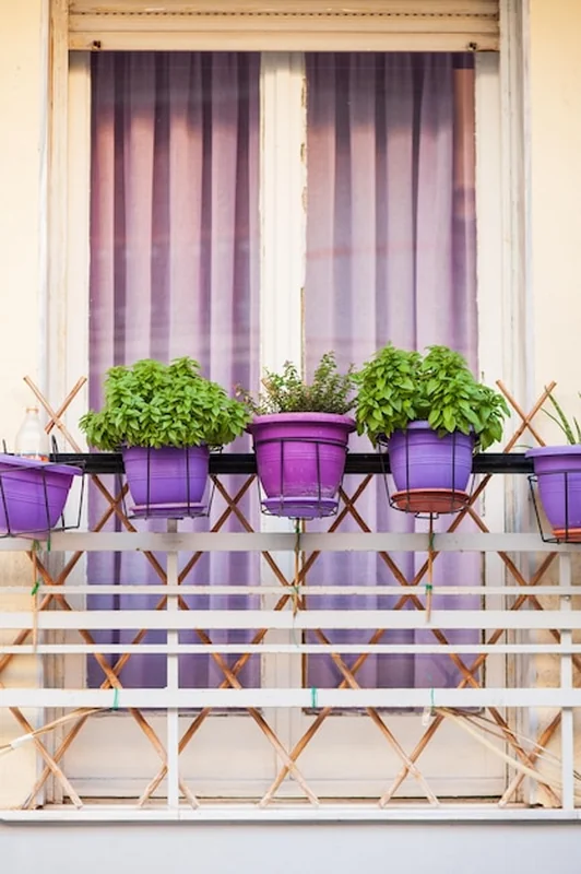 Balkon z fioletowymi doniczkami z roślinami