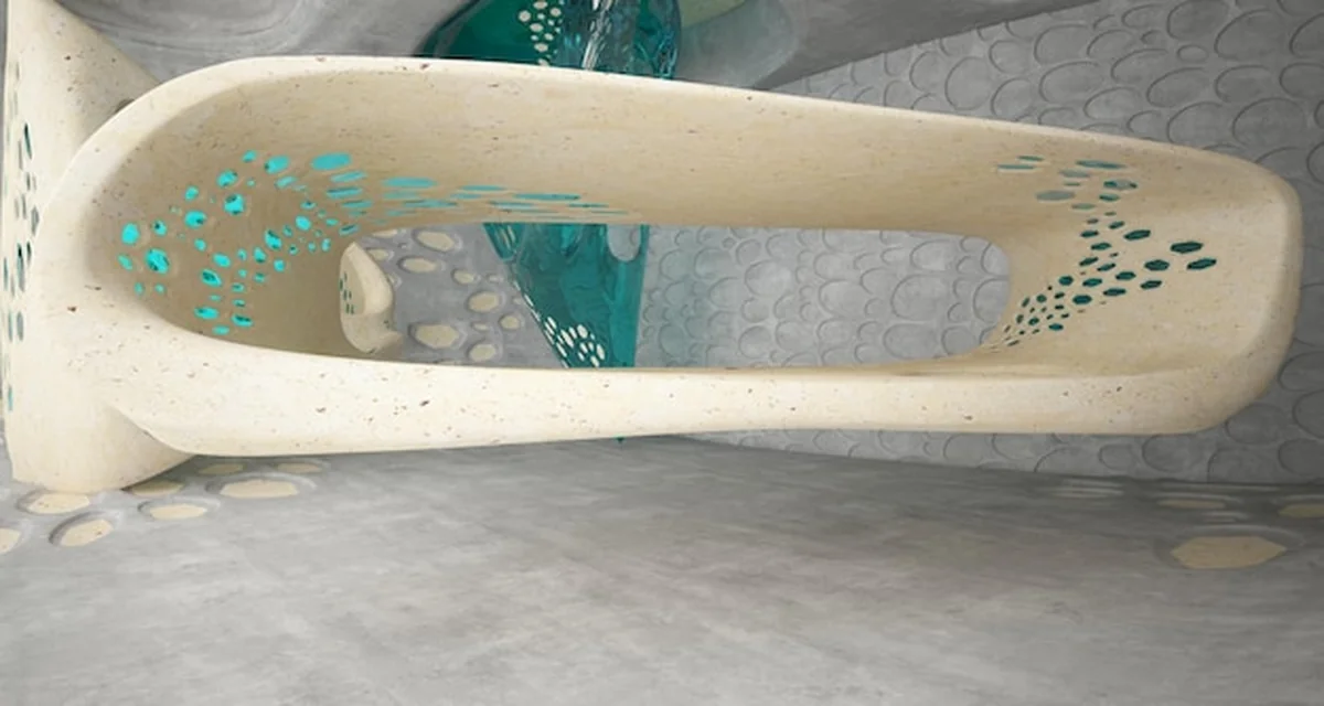 Wnętrze z betonem architektonicznym i neonowym oświetleniem 3D